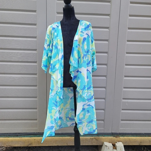 LulaRoe Women's Aqua Blue Yellow Floral Sheer Open Front Kimono Size Small - Picture 4 of 11